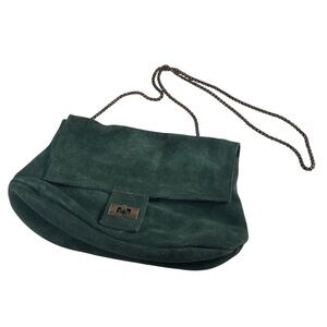 Free People Forest Green Suede Purse with Brass Chain Strap and Turn Lock EUC